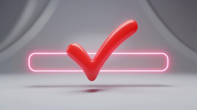 A bold red checkmark stands before a radiant pink neon frame, symbolizing correctness, approval, and futuristic affirmation within a sleek minimalistic digital space.