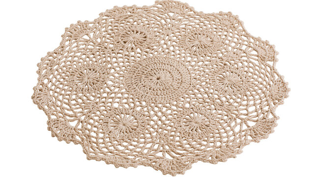 Handmade beige crochet doily with floral patterns, isolated on transparent background