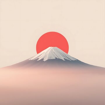 Minimalist landscape illustration of mount fuji and rising red sun over soft clouds with mountain landscape minimalist japanese illustration landmark background atmosphere environment