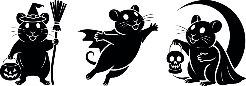 Spooky Halloween vector silhouettes featuring cute mice with witch hats broomsticks and pumpkins