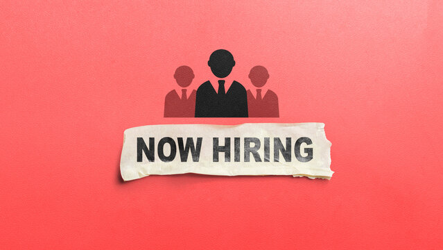 Torn paper with "Now Hiring" text under business team icons on a red background, representing recruitment. HR Recruitment concept