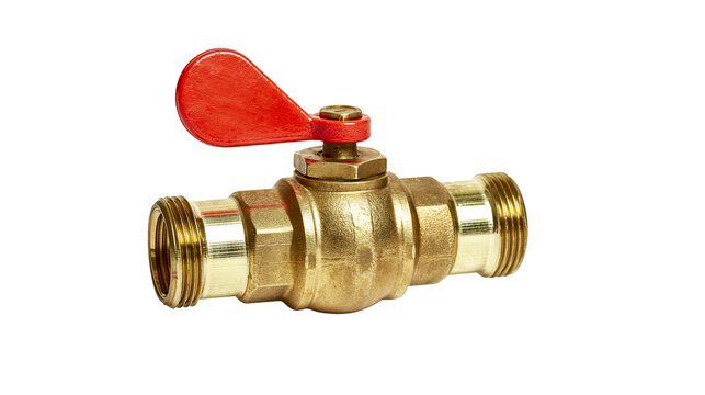 Brass ball valve with red lever handle, isolated on transparent background