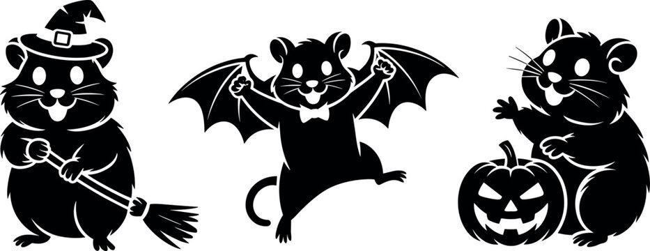 Spooky Halloween vector silhouettes featuring cute hamsters with witch hats broomsticks and pumpkins