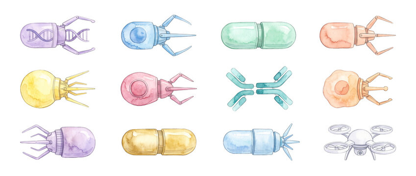 Nanobots medical robotics drug delivery watercolor illustration set for futuristic biotechnology research science technology concept isolated on black background elements icon collection graphic