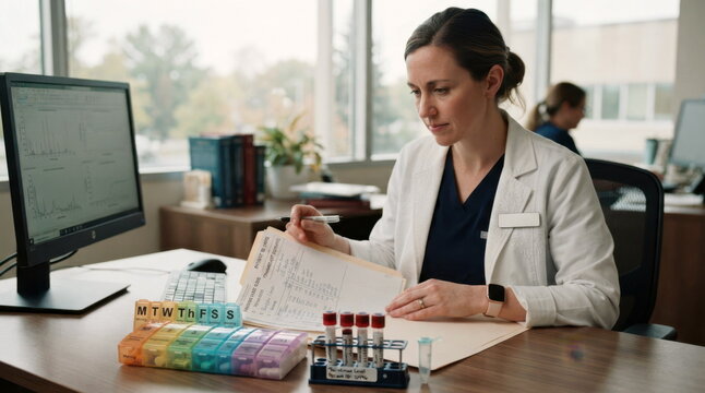 Transplant clinic pharmacist reviewing blood work after liver surgery with pill organizer, creatinine tubes, and patient chart folder