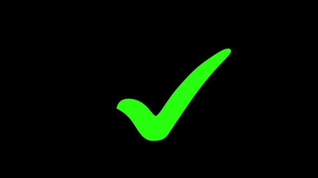 Green Tick mark icon animation on isolated black background. Check mark icon animation. right check mark icon on alpha transparent background