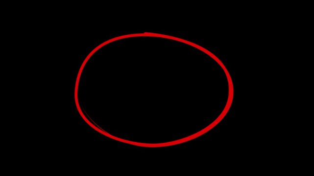 Hand-drawing oval frame circle animation black background, circle highlights with transparent background, Animated red circle drawn, marker pen style, on alpha transparent background