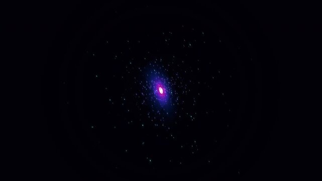 Electron Cloud Visualization: A 3D animated visualization of a glowing blue electron cloud, featuring illuminated particles orbiting and dispersing from a bright central core against a dark background