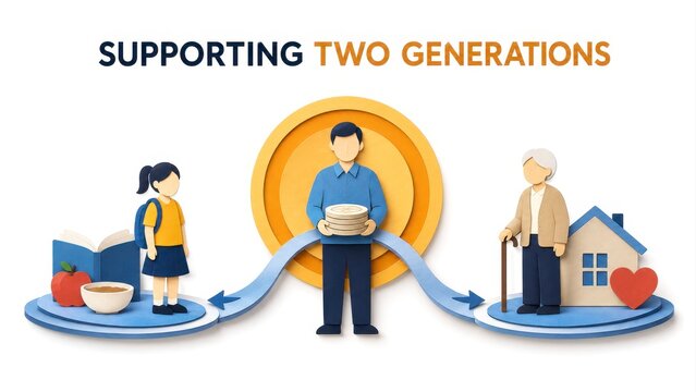 Supporting two generation concept with economic pressure and financial resilience, paper art of family support across age group