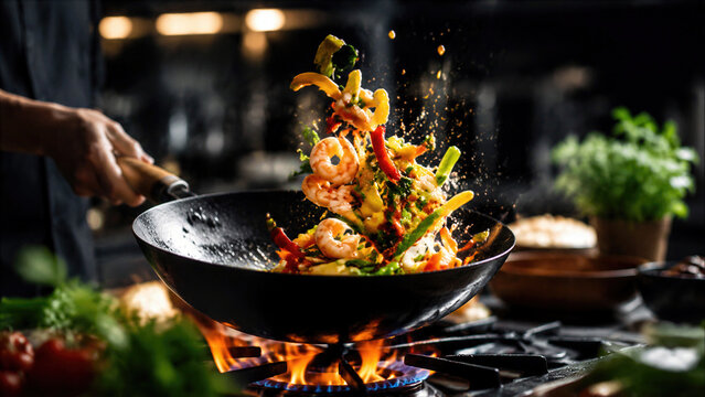 Chef tosses shrimp and fresh vegetables in a wok over open gas flame. This delicious asian cuisine dish sizzles with prawns, peppers and herbs, a tasty stir fry meal prepared in a professional