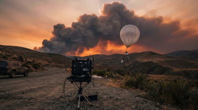 Wildfire smoke column over dry hills with atmospheric sampling balloon and portable sensor case at a roadside pull-off in orange twilight.