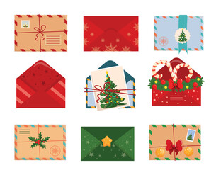 Naklejka premium Set of beautiful Christmas envelopes with postcards in cartoon style.Vector illustration of beige, red, blue, green envelopes with postage stamps, fir trees, stars, candy canes, holly, garlands, bows.