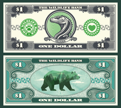 Vector banknote, flyer. 1. Wildlife bank. One dollar denomination. Obverse and reverse. Graphic iguana head, low poly walking bear. Symmetrical note. Play money. Zoo and fauna. Animals