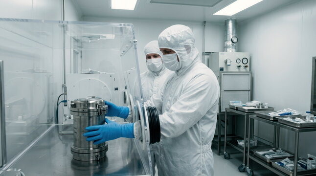 Cleanroom scientists handling a sealed lunar sample canister in a planetary protection lab with glove box, air filtration unit, and sterile trays