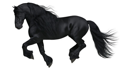 Majestic black Friesian horse with flowing mane and tail, isolated on transparent background © Ozols