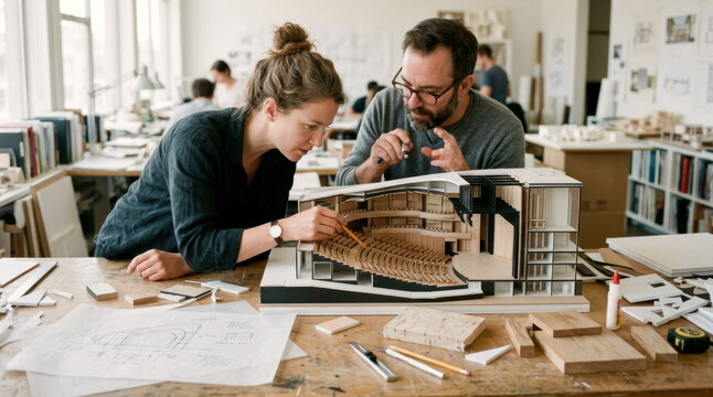 Architects inspect a scale model of a performing arts venue with seating tiers, foam-core blocks, tracing paper, and wood samples on a design worktable.