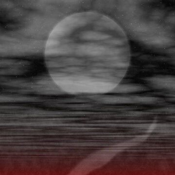 Mysterious full moon over a dark misty lake with dramatic clouds and eerie atmosphere. Perfect Halloween night background for horror posters, fantasy artwork, banners and seasonal designs.
