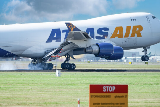 July 30, 2026. Netherlands, Amsterdam. Atlas Air Cargo Plane Landing at Amsterdam Schiphol