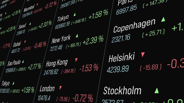 Ticker tape with global index information, stock market data, quotes and percentage changes. Investment opportunities, economy, trade, growth, wealth, market research, market analysis.