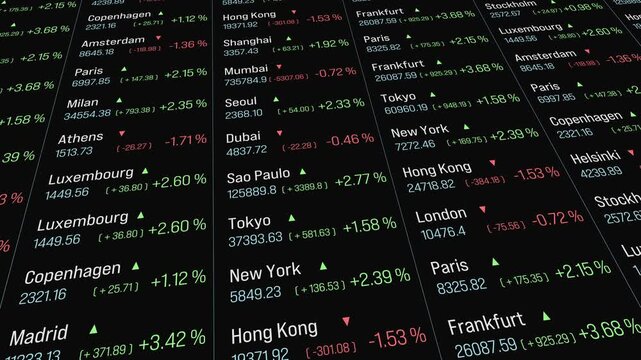 Close-up stock market ticker tape with rows of global index information, prices, and changes. Investment decisions, opportunities, making money, economy, trade, growth, wealth, market research.