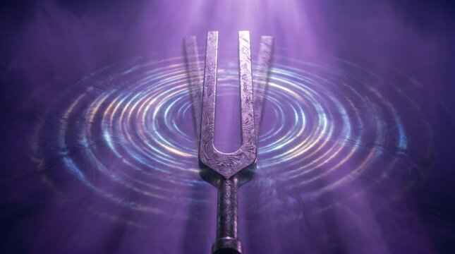 Metal tuning fork vibrating with visible sound waves. Glowing purple background with circular ripples.