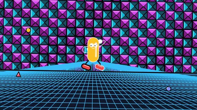 Stylized yellow character walking on a neon grid floor against a purple geometric pyramid wall in a retro arcade or synthwave style environment