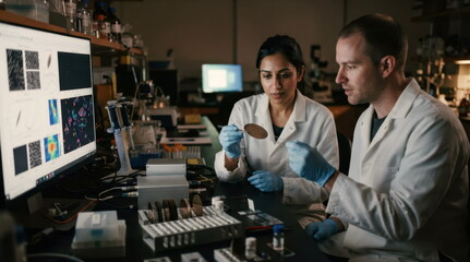Fototapeta premium Researchers handling a thin-film wafer and microscope slide in a lab with spectrometer, sample racks, and machine-learning guided discovery.