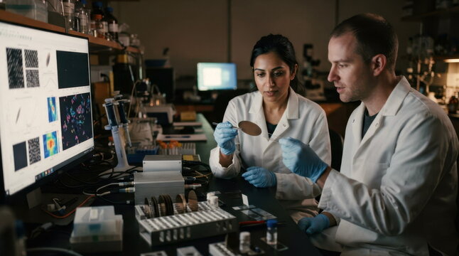 Researchers handling a thin-film wafer and microscope slide in a lab with spectrometer, sample racks, and machine-learning guided discovery.