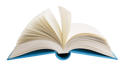Fototapeta premium Open blue hardcover book with many blank pages, isolated on transparent background