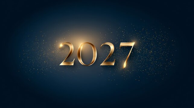2027 gold numerals on a dark blue background with a warm central glow, festive luxury graphic, New Year
