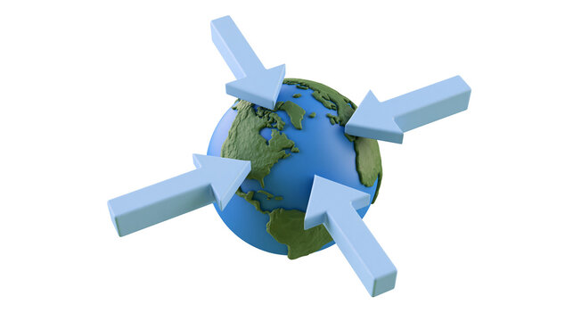 Four light blue arrows pointing inwards towards a detailed globe, isolated on transparent background