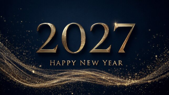 Premium golden 2027 Happy New Year greeting on a navy background with elegant festive ornaments, luxury holiday banner.