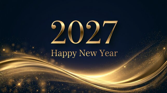 2027 gold lettering with layered flowing gold ribbons along the lower edge, premium navy celebration background, New Year