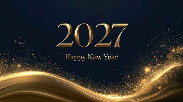 Gold 2027 lettering with elegant curved metallic ribbons on a midnight blue background, luxury holiday design, New Year