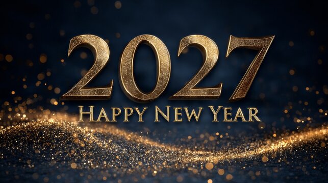 Bold 2027 gold lettering surrounded by tiny festive stars and Happy New Year text, elegant dark blue holiday design