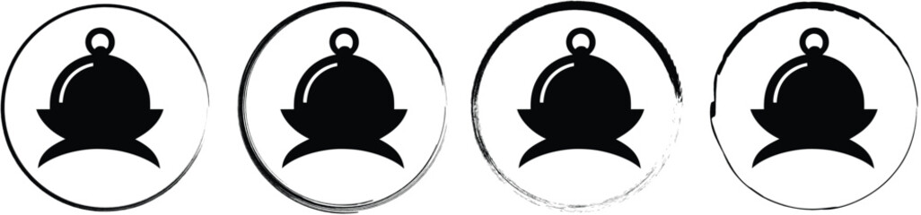 A set of four circular featuring a black silhouette of a food serving cloche or dome cover on a white background, style © SilhouetteStore