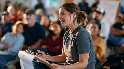 Obraz premium A grant writer surrounded by a warm indoor gathering crowd presents a funded proposal for a spiritual emergency support center, flipchart visible, diverse attendees leaning forward with interest, co
