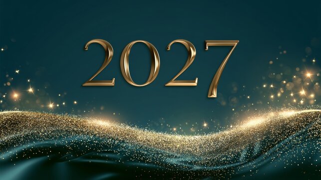 Golden 2027 typography centered on a rich green gradient background, premium festive banner, elegant holiday branding, New Year concept.