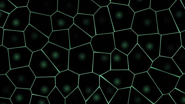 A continuous looping animation of a futuristic green geometric mesh pattern moving across a dark background.