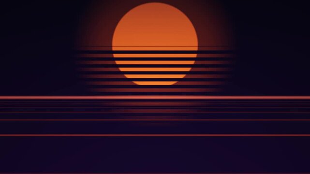 An orange geometric sun sets against a dark retro background with horizontal lines.