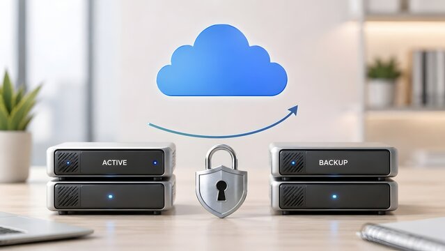 Secure cloud data backup process with active and backup servers synchronized and protected by a padlock in an office environment.