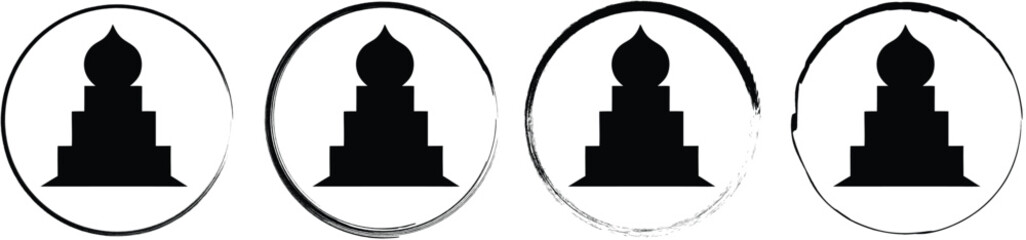 A set of four circular featuring a black silhouette of a tiered pagoda or temple structure with a dome on a white background © SilhouetteStore