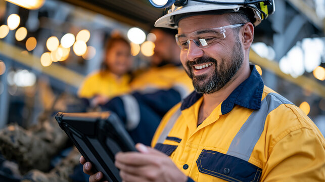 A mining engineer in rain soaked streets outside a processing facility reviews core sample data on a ruggedized tablet, his family sheltering under an awning behind him, muddy boots and high visibil