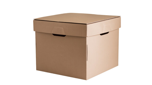 Brown corrugated cardboard box with lid, isolated on transparent background