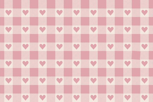 Dusty Pink And White Vichy Background With Heart. Gingham Seamless Pattern. Valentines Day Print.