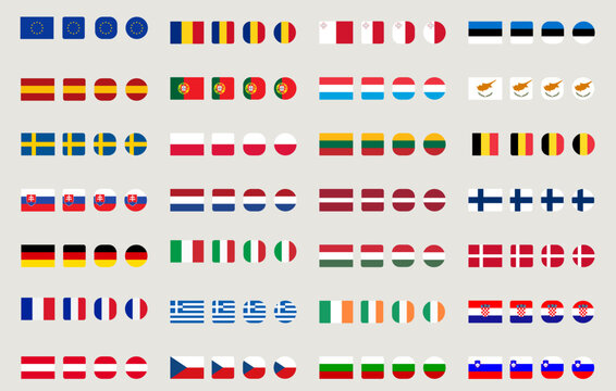 European Union member states national flags big mega collection in four different shapes and flat styles as vector web UI icons