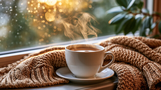 Steaming cup of coffee resting on a knitted cozy sleeve, placed on a windowsill with soft morning light streaming in, blurred rain droplets on the glass outside, generous copy spac