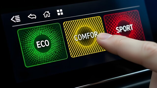Finger pressing comfort mode button on digital car dashboard touch screen.