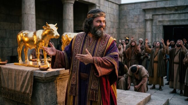 King Jeroboam presenting the golden calf statue. Biblical story of idolatry in ancient Israel. People worshipping a golden idol in a temple courtyard