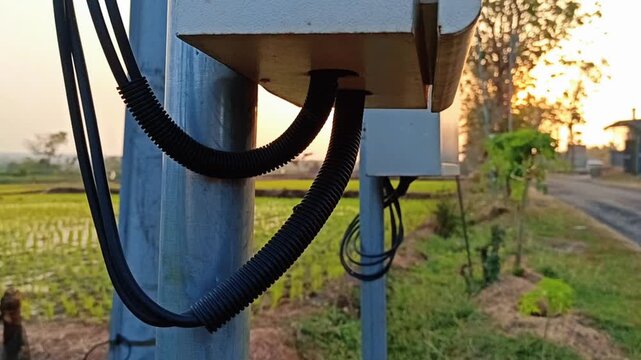 Electricity meter in a rice field area. 4K video.
